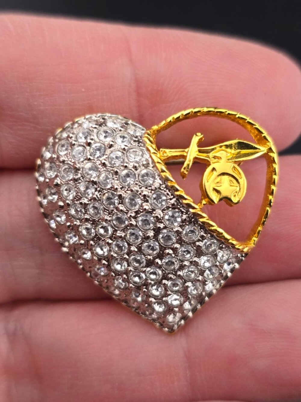 Vintage Butler Pave Heart Brooch With Gold-Tone Rose Detail And Rhinestones - Picture 7 of 8
